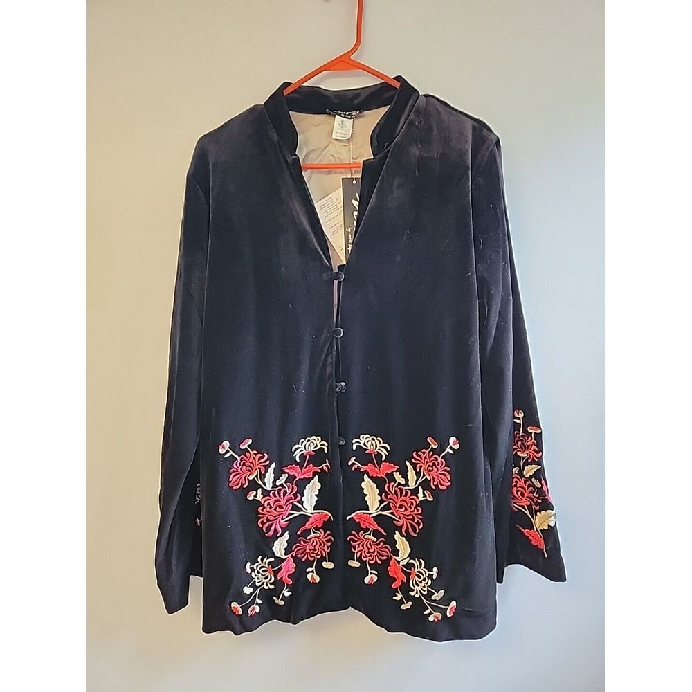 Nira Kaplan QVC Womens L Embroidered Black Velvet Floral‎ Kimono Jacket Robe